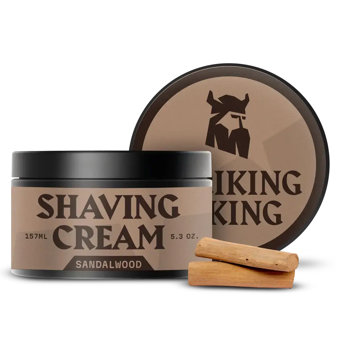 Sandalwood shaving cream for men in a 5.3 oz container with rich aroma.