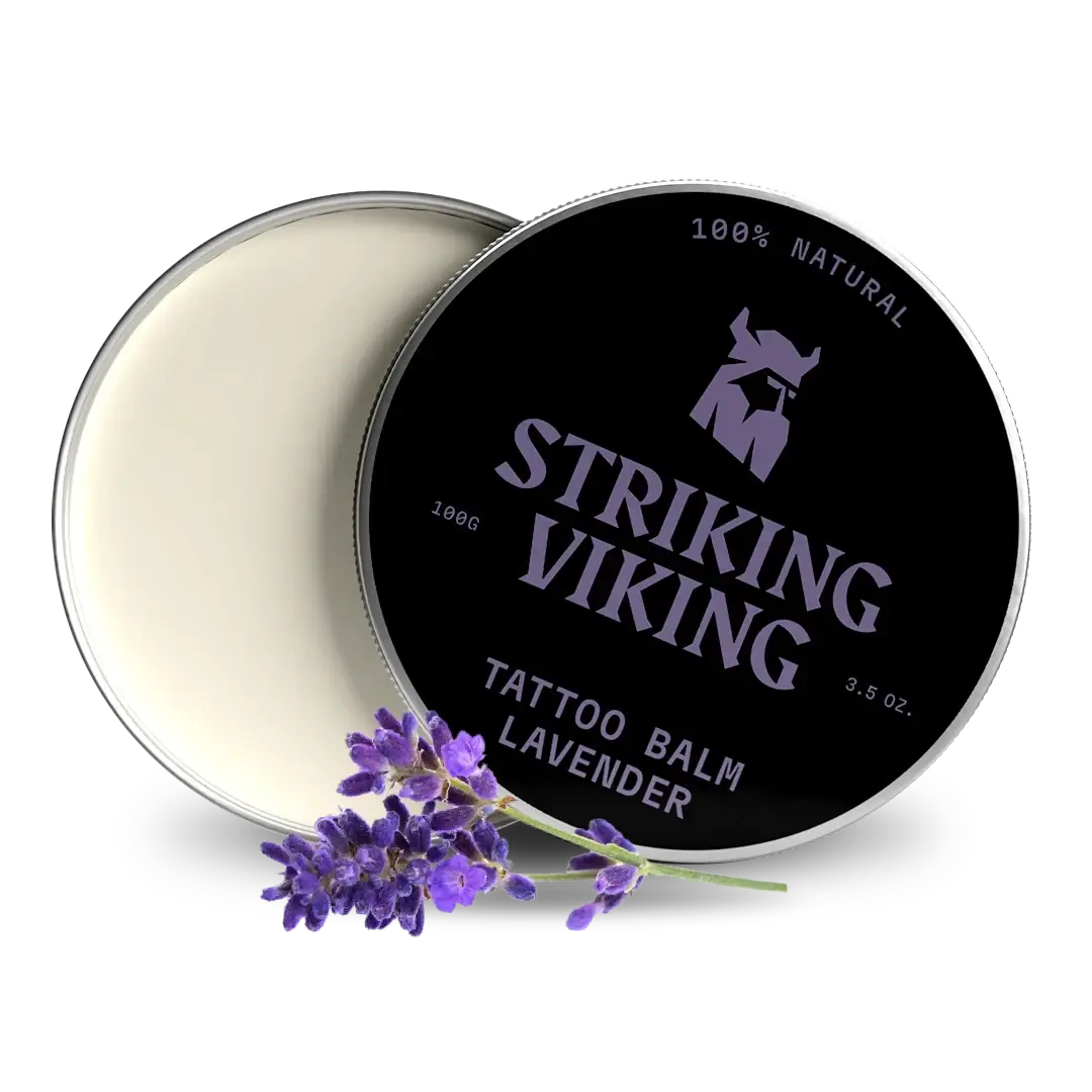 Tattoo Balm Lavender by Striking Viking for tattoo care and vibrancy.