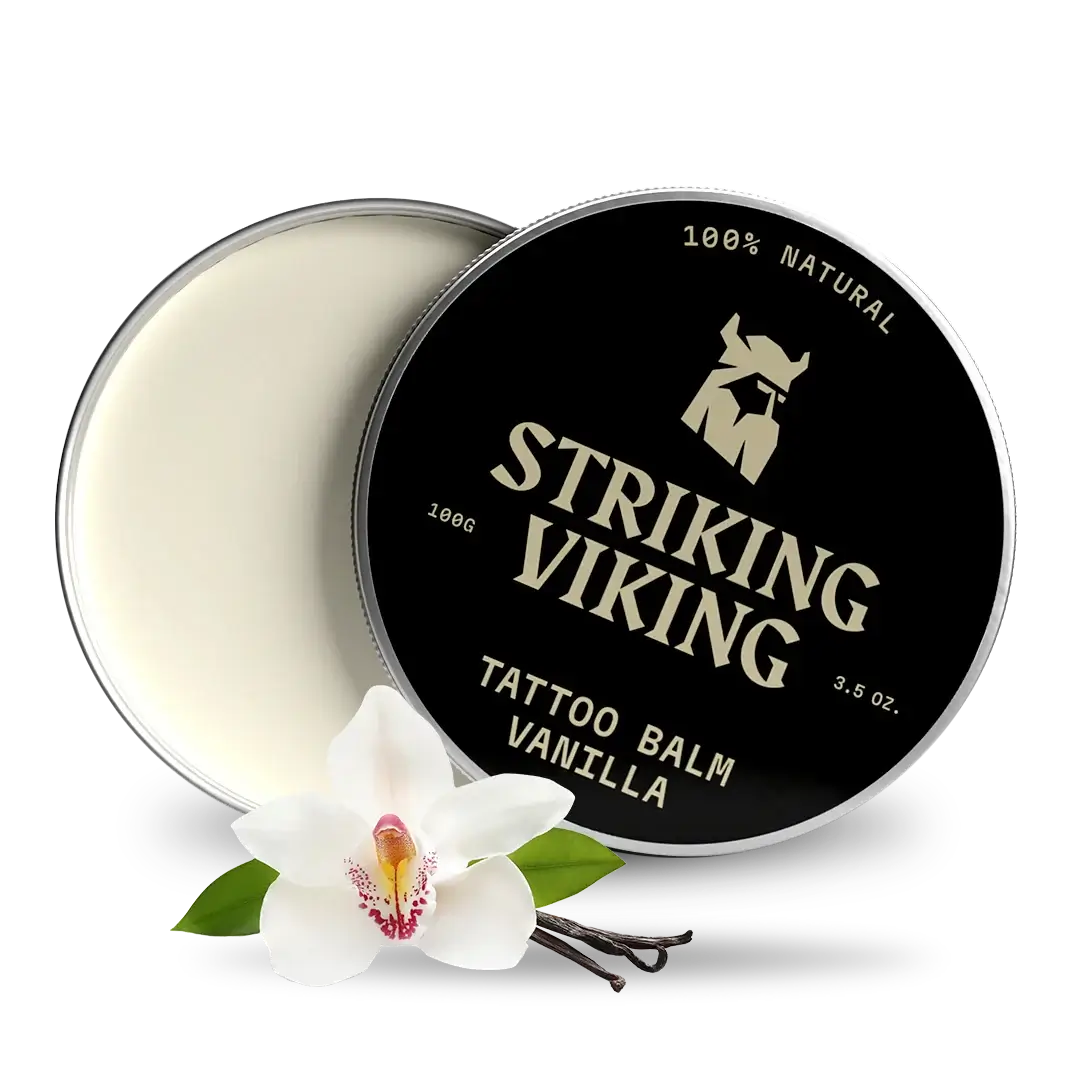Striking Viking Vanilla Tattoo Balm with orchid flower, soothing tattoo care.
