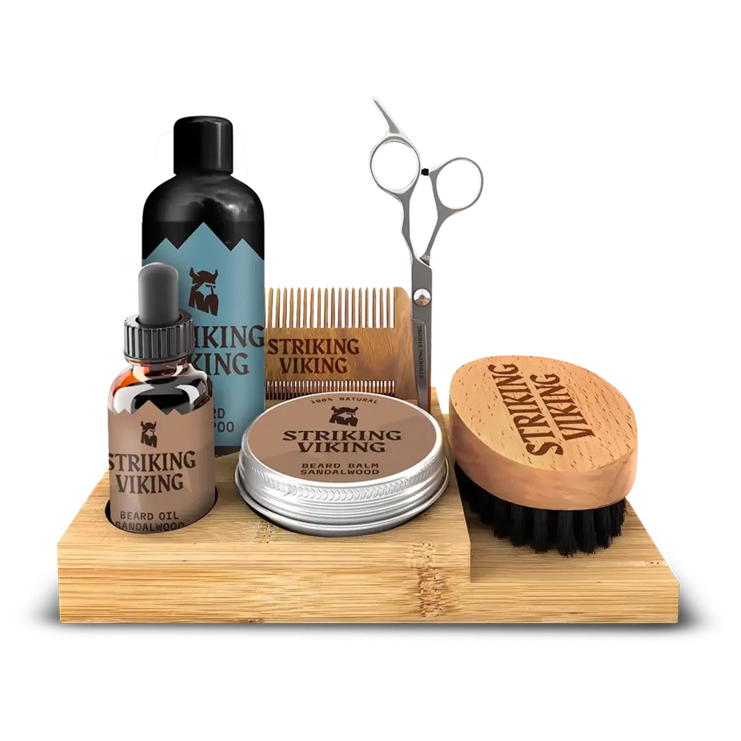 Wooden Beard Care Caddy made of natural bamboo, holds grooming essentials for stylish bathroom organization.