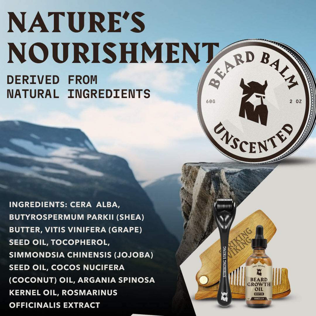 Beard Balm Unscented, natural ingredients, 2-ounce jar, beard grooming product.