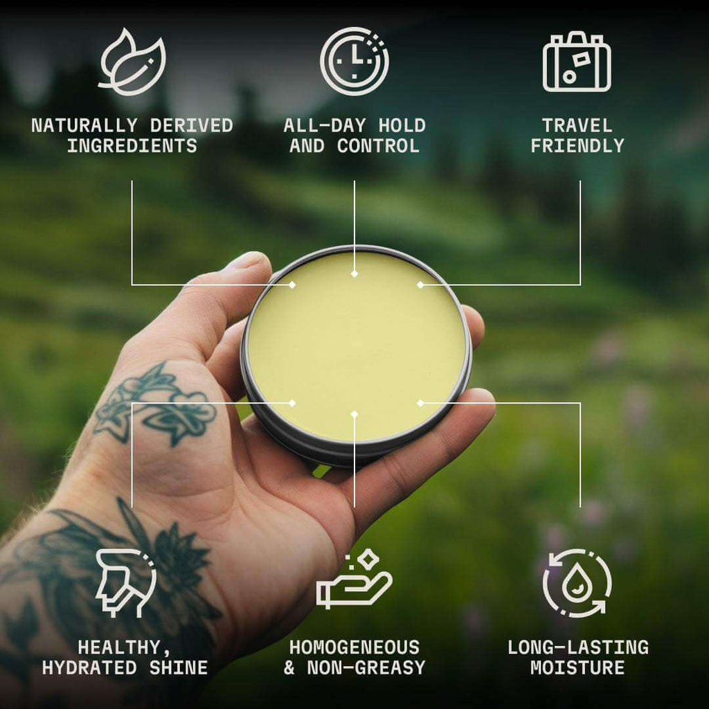 Cedarwood beard balm tin held in hand with icons highlighting natural ingredients, all-day hold, travel-friendly, shine, non-greasy feel, and moisture benefits.