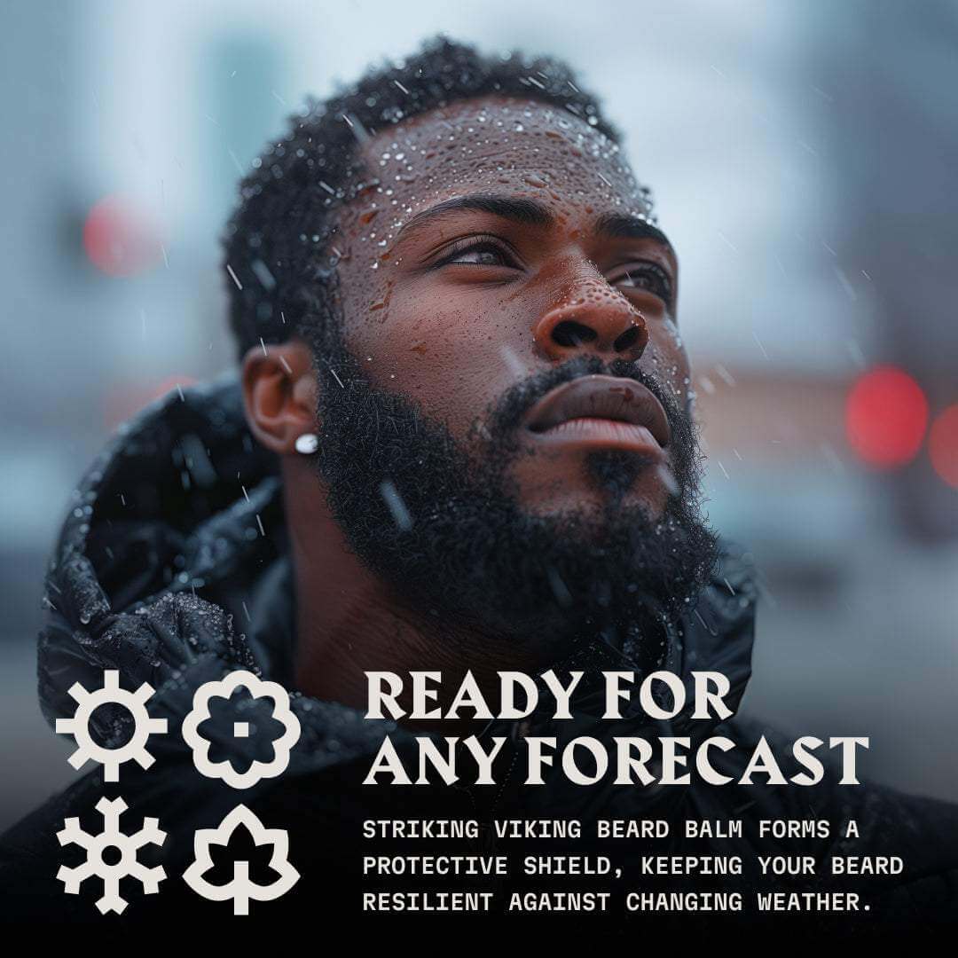 Man with well-groomed beard in snow, using Striking Viking Sandalwood Beard Balm for weather protection.