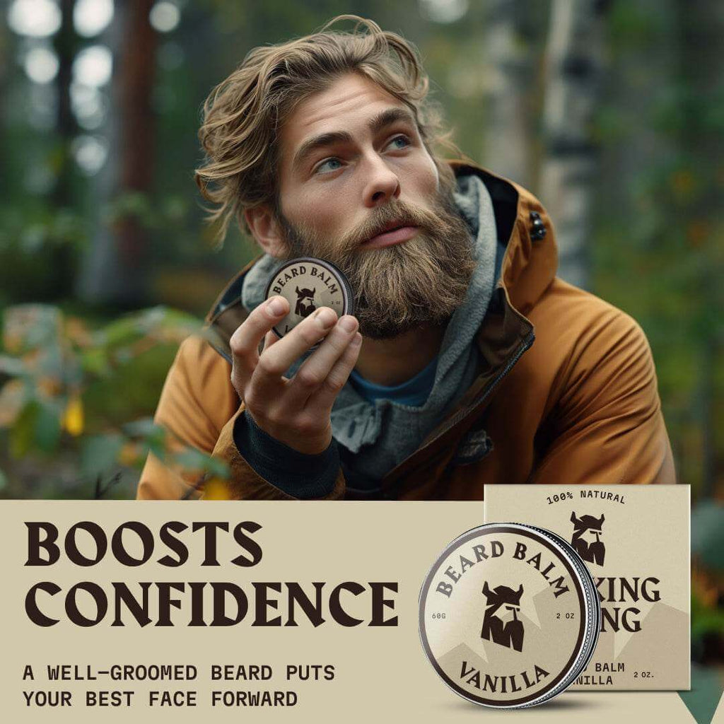 Vanilla Beard Balm for shaping and nourishing facial hair, natural ingredients, 2 oz tin.