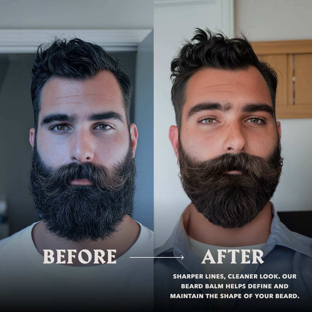 Before and after image showing beard transformation using vanilla-scented beard balm.