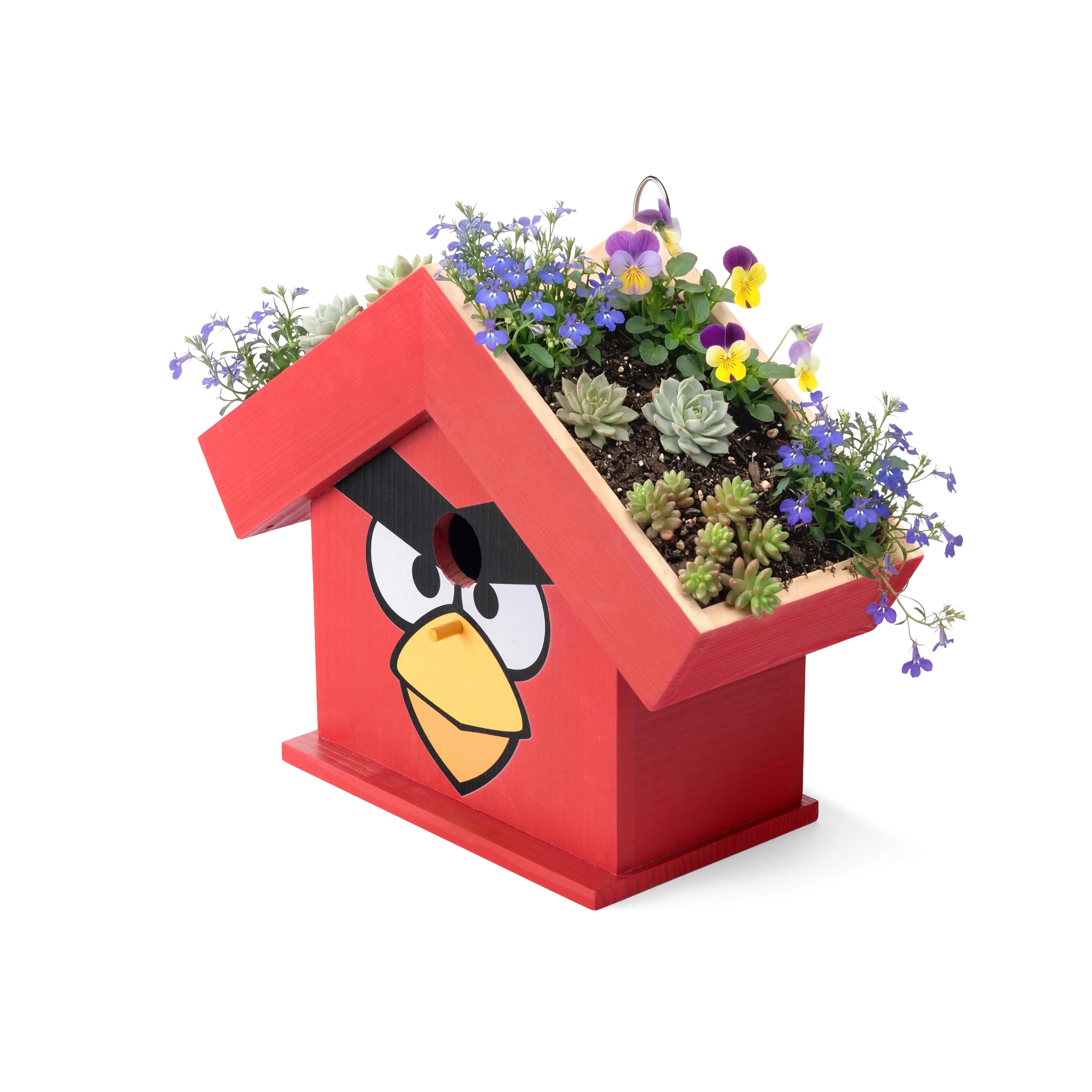 Top-angle view of the WildYard X Angry Birds™ Flowerpot Birdhouse rooftop planter filled with pansies, violas, succulents and wildflowers