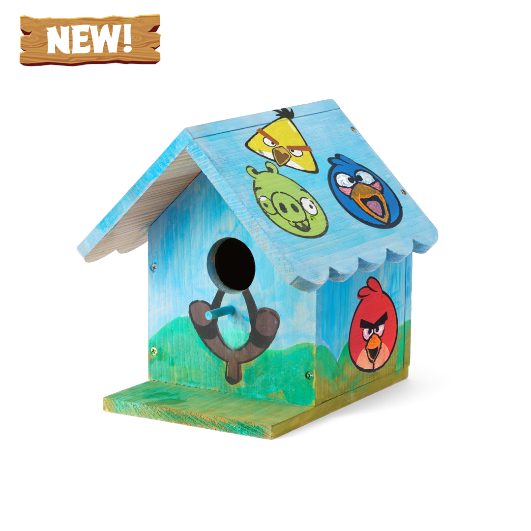 WildYard X Angry Birds™ DIY Birdhouse Kit fully painted with Red, Chuck, Blue Bird and Pig characters on a natural cedar birdhouse