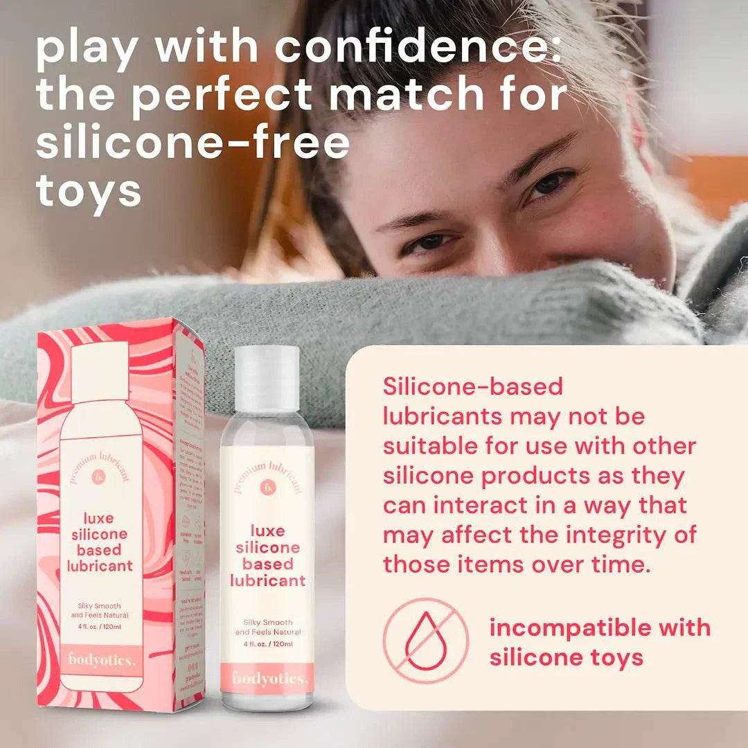 Bodyotics Premium Silicone Based Lubricant 4oz bottle and box with usage warning and product benefits text