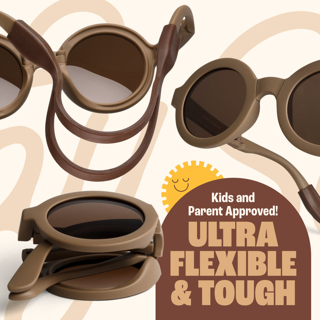 BABY SUNNIES Foldable Round Sunglasses - Brown, 2-8 Years - Unbreakable Design & Kids Sunglasses - Adjustable Strap & Kids Travel Essentials - Durable Bendable Frame & Road Trip Must Haves