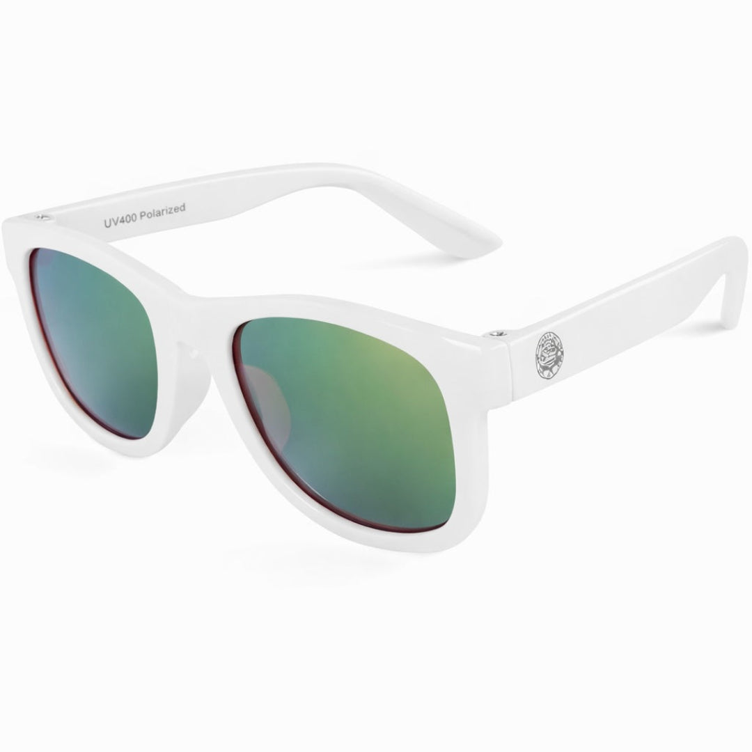 White sunglasses with green lenses on a white background
