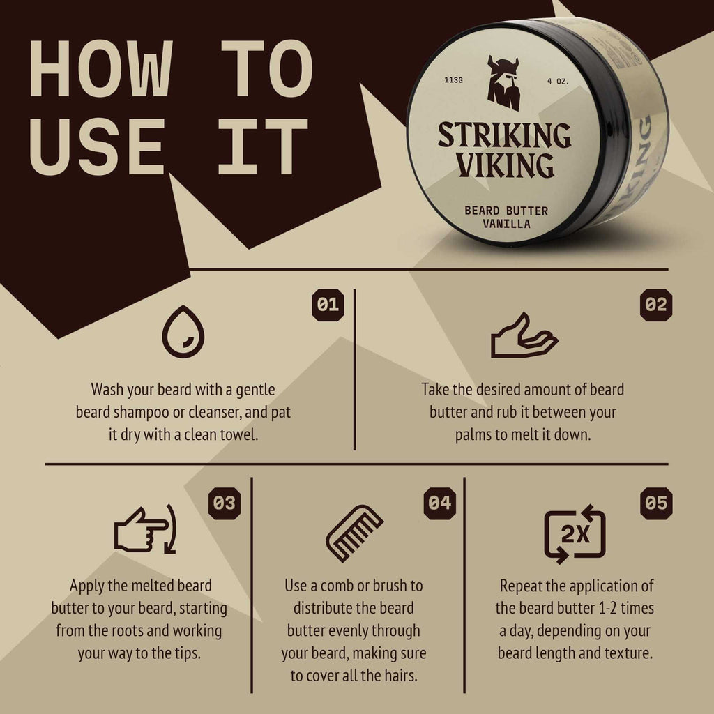 Beard butter vanilla by Striking Viking with usage instructions for grooming.