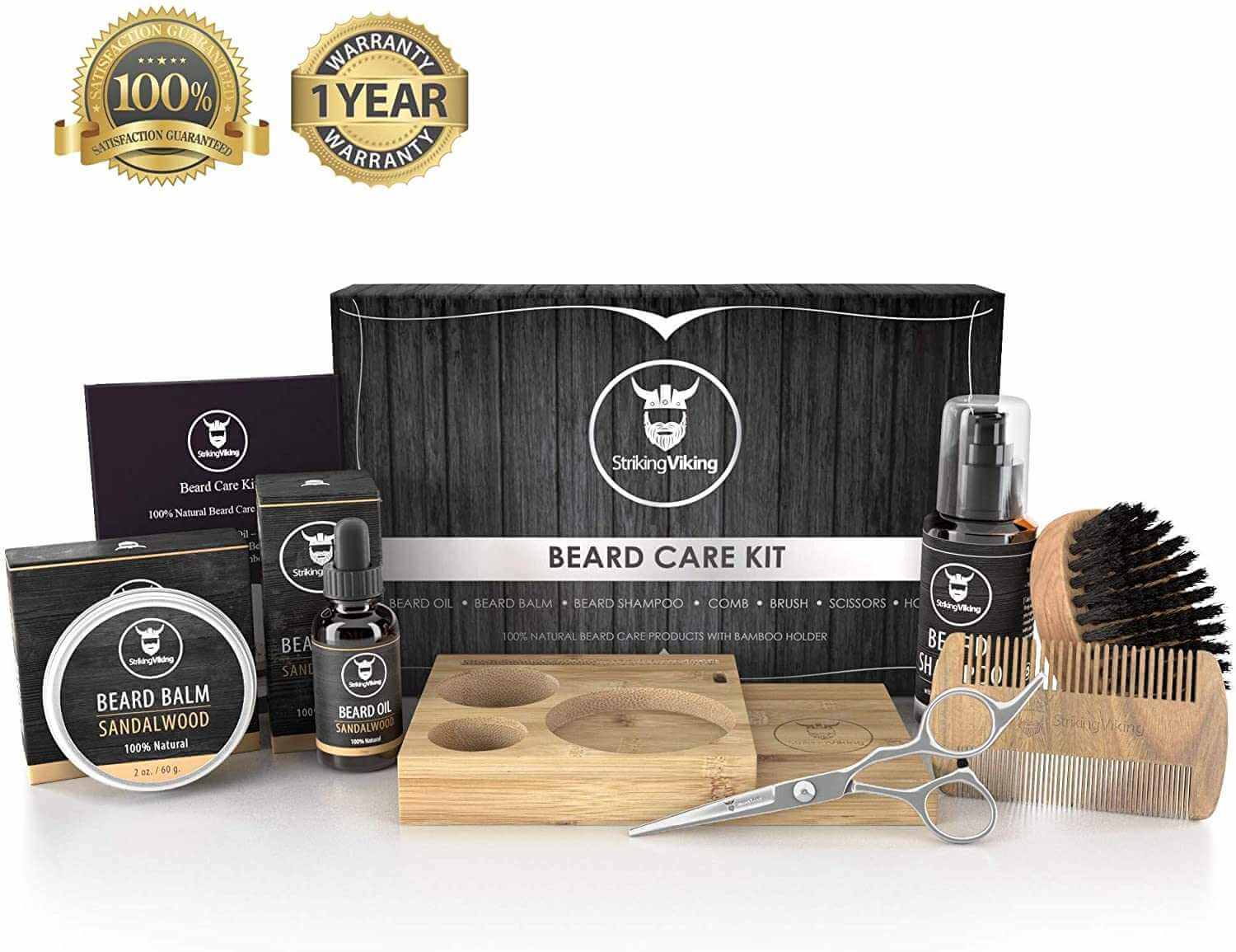 Beard kit with caddy including grooming accessories, natural beard products, and bamboo holder.