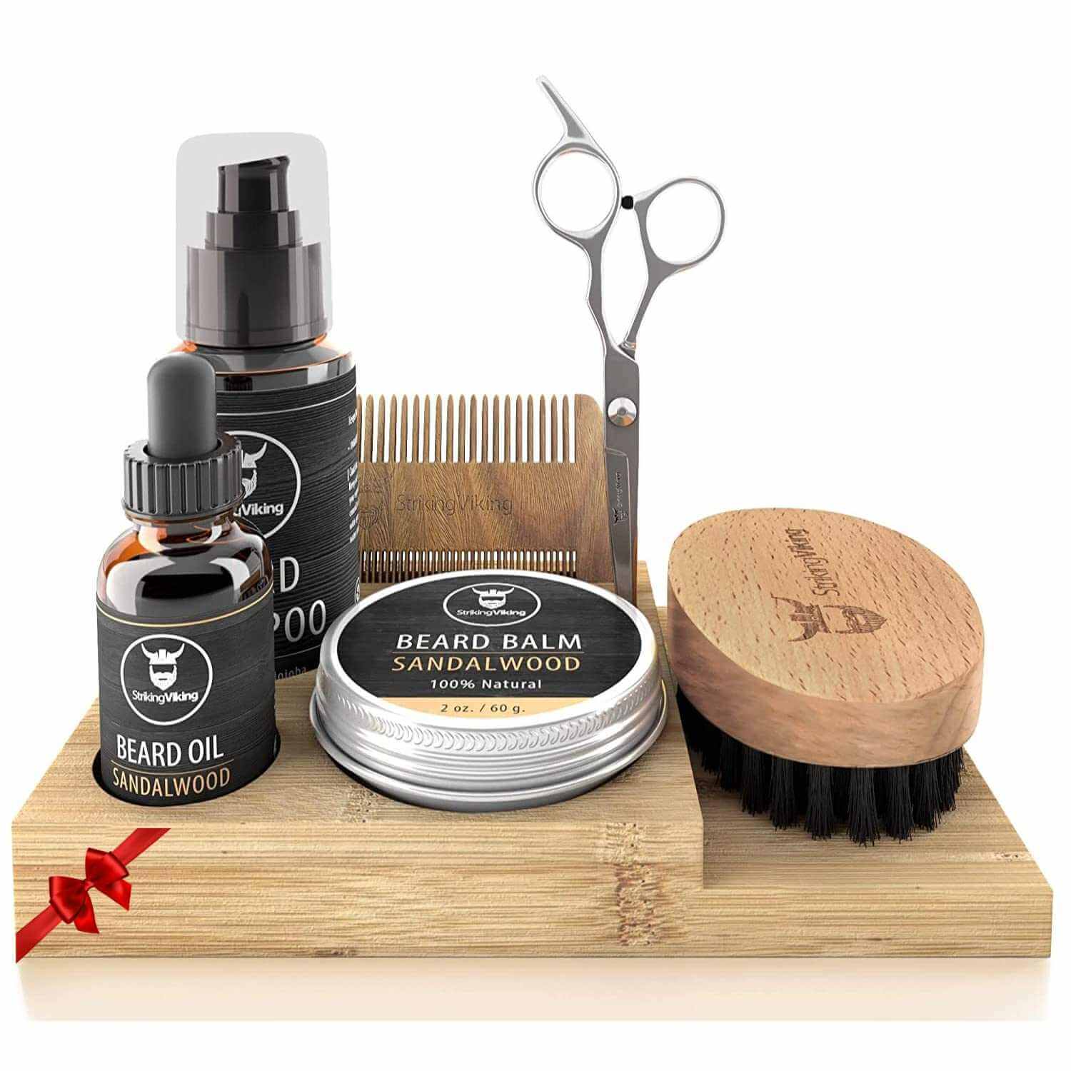 Beard kit with caddy featuring shampoo, oil, balm, scissors, brush, comb, and holder.