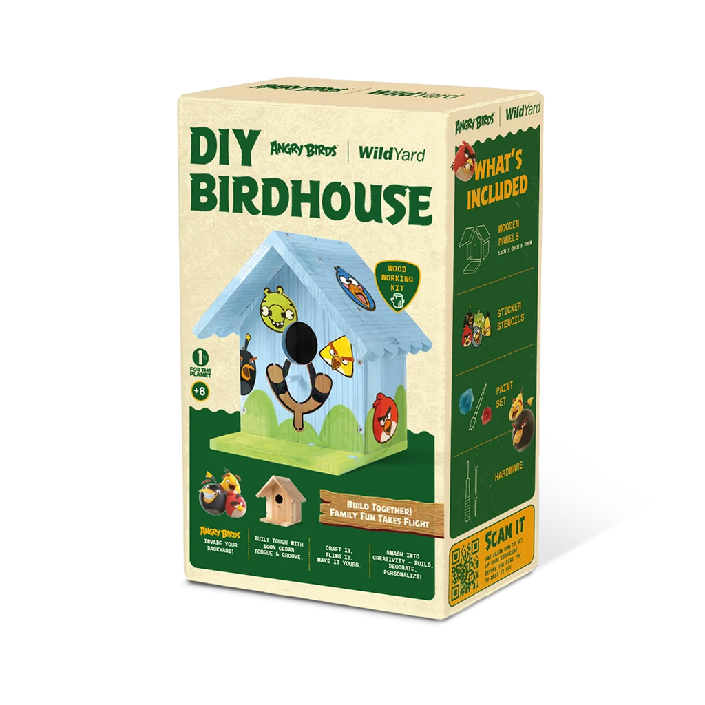 WildYard X Angry Birds™ DIY Birdhouse Kit retail box showing what's included
