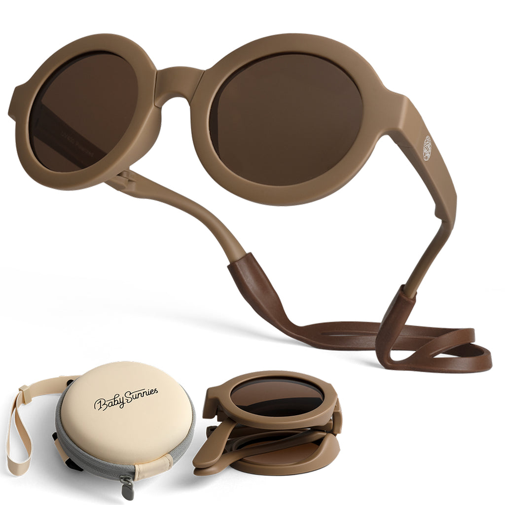 BABY SUNNIES Foldable Round Sunglasses - Brown, 2-8 Years - Unbreakable Design & Kids Sunglasses - Adjustable Strap & Kids Travel Essentials - Durable Bendable Frame & Road Trip Must Haves