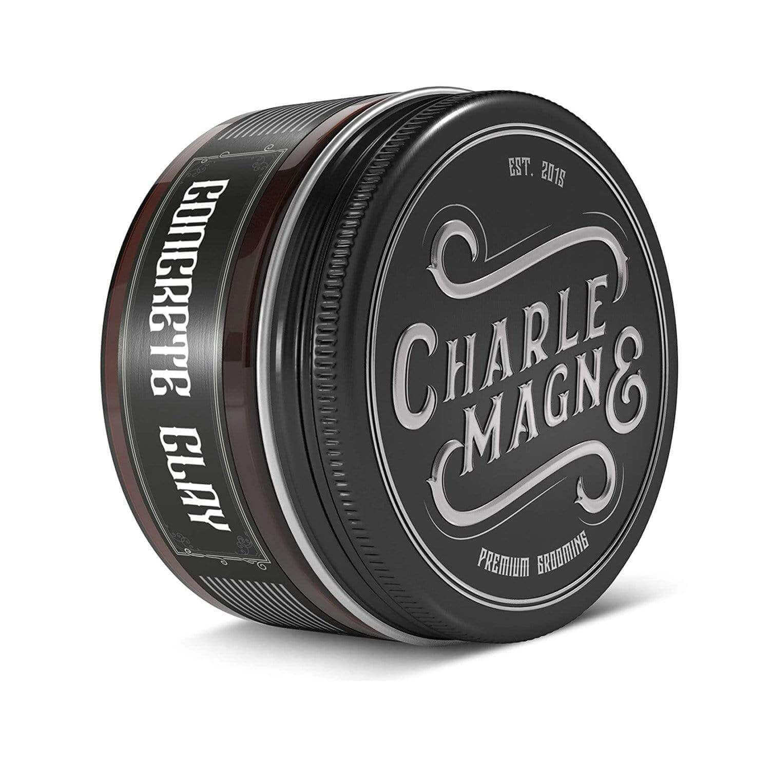 Charlemagne Concrete Hair Clay hair styling product in a black tin, 100ml.