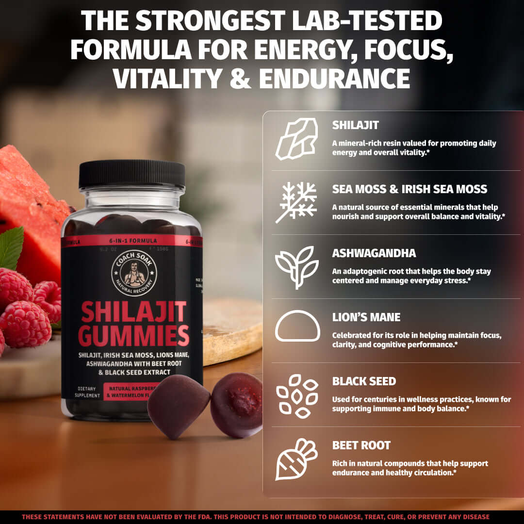 Complexe gommeux 6-en-1 Coach Soak - Shilajit, Ashwagandha, Crinière de lion, Mousse marine, Graine noire, Betterave - 60 unités - Framboise pastèque
