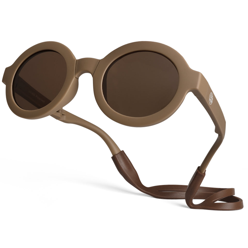 BABY SUNNIES Foldable Round Sunglasses - Brown, 2-8 Years - Unbreakable Design & Kids Sunglasses - Adjustable Strap & Kids Travel Essentials - Durable Bendable Frame & Road Trip Must Haves