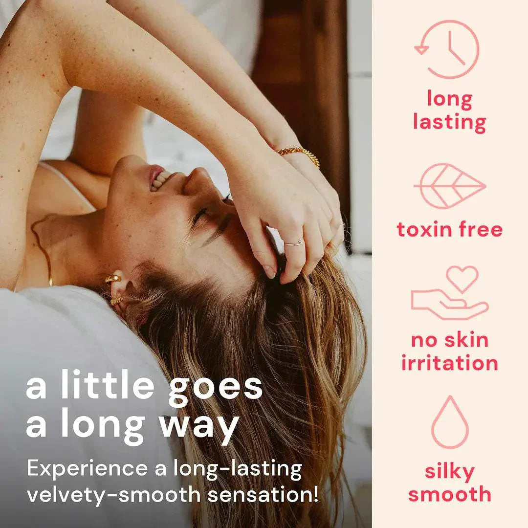 Silicone based lubricant bottle with long-lasting, toxin-free, skin-friendly, silky smooth features and woman relaxing on bed