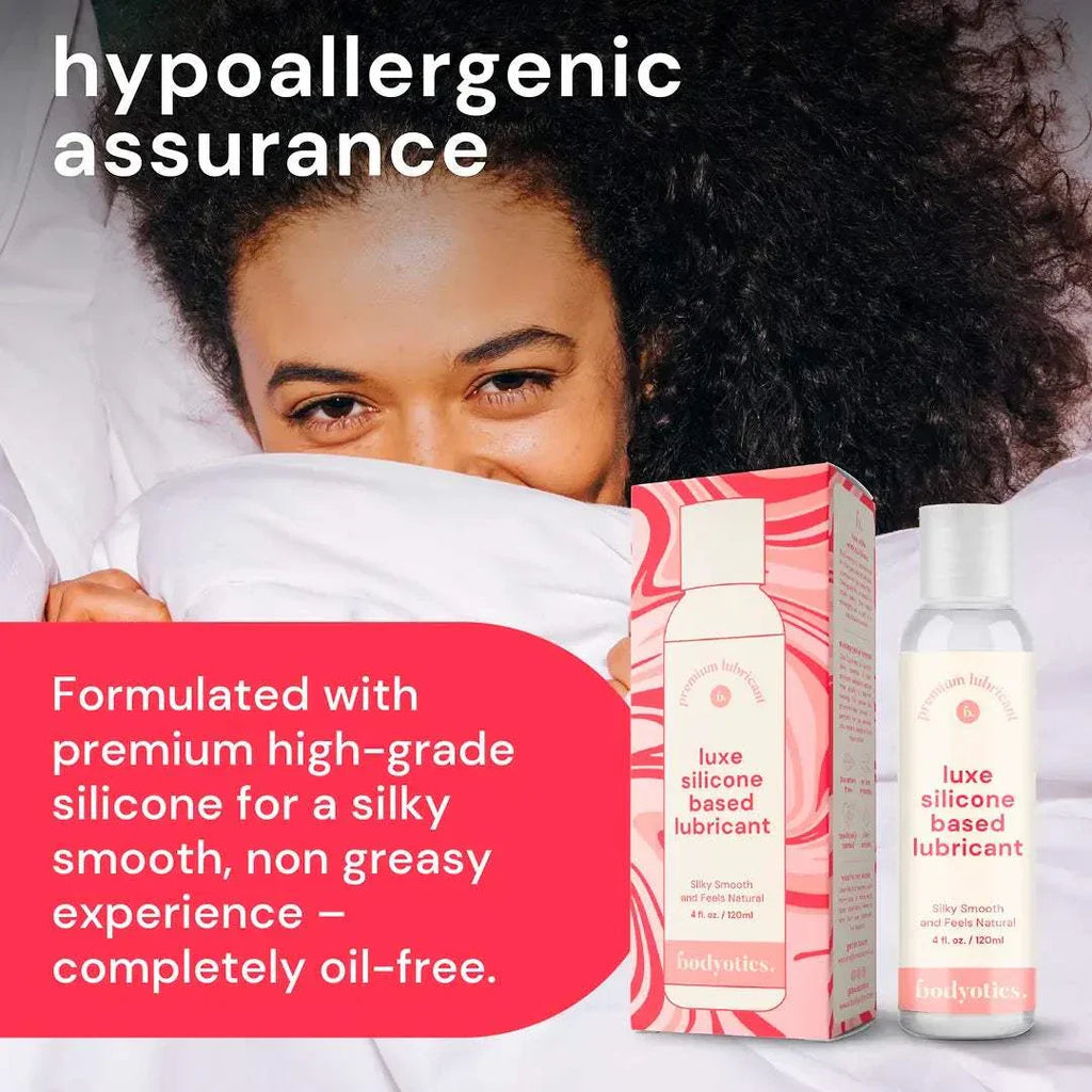 4oz Bodyotics premium silicone based lubricant bottle and packaging with hypoallergenic assurance label
