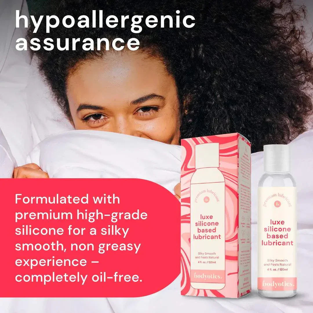 4oz Bodyotics premium silicone based lubricant bottle and packaging with hypoallergenic assurance label