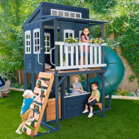 KidKraft Cozy Escape P280147E, Two-Level Wooden Garden Playhouse (FSC) with Slide, Children's Kitchen and Rock Wall, Navy