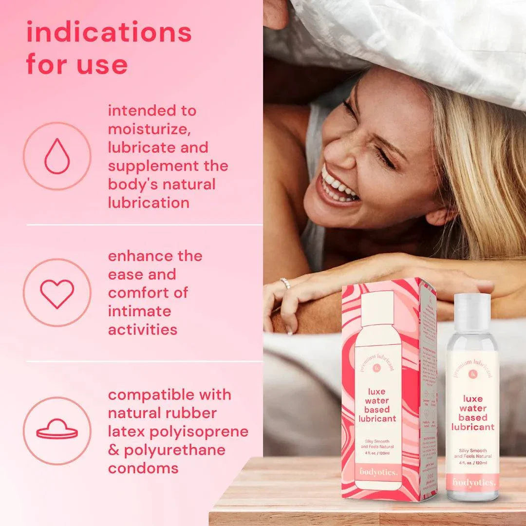 Bodyotics water based lubricant 4oz bottle with packaging, designed for moisturizing and enhancing intimate comfort, compatible with latex and polyurethane condoms.