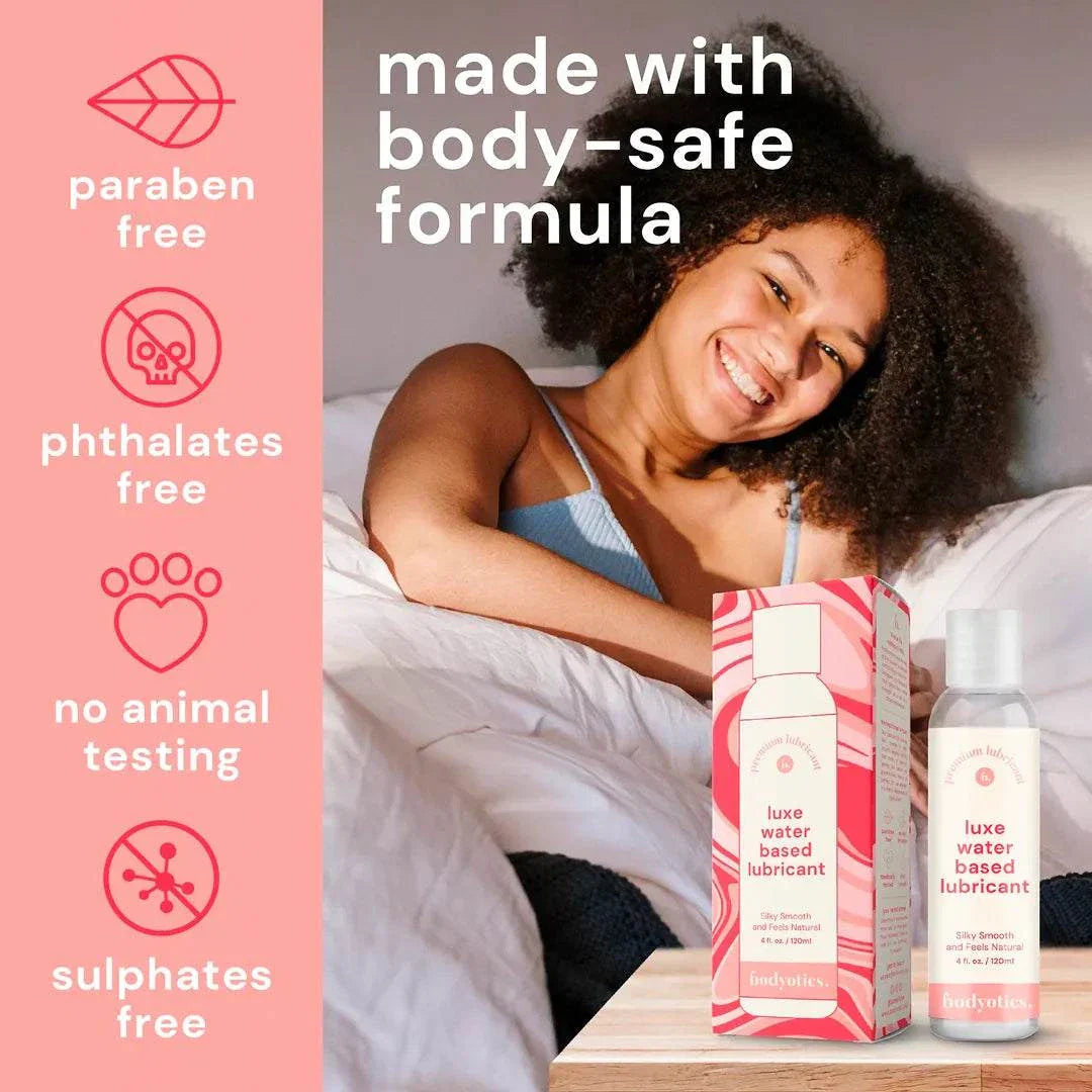 Bodyotics water based lubricant bottle and packaging highlighting paraben, phthalates, sulphates free and no animal testing with a smiling woman in the background