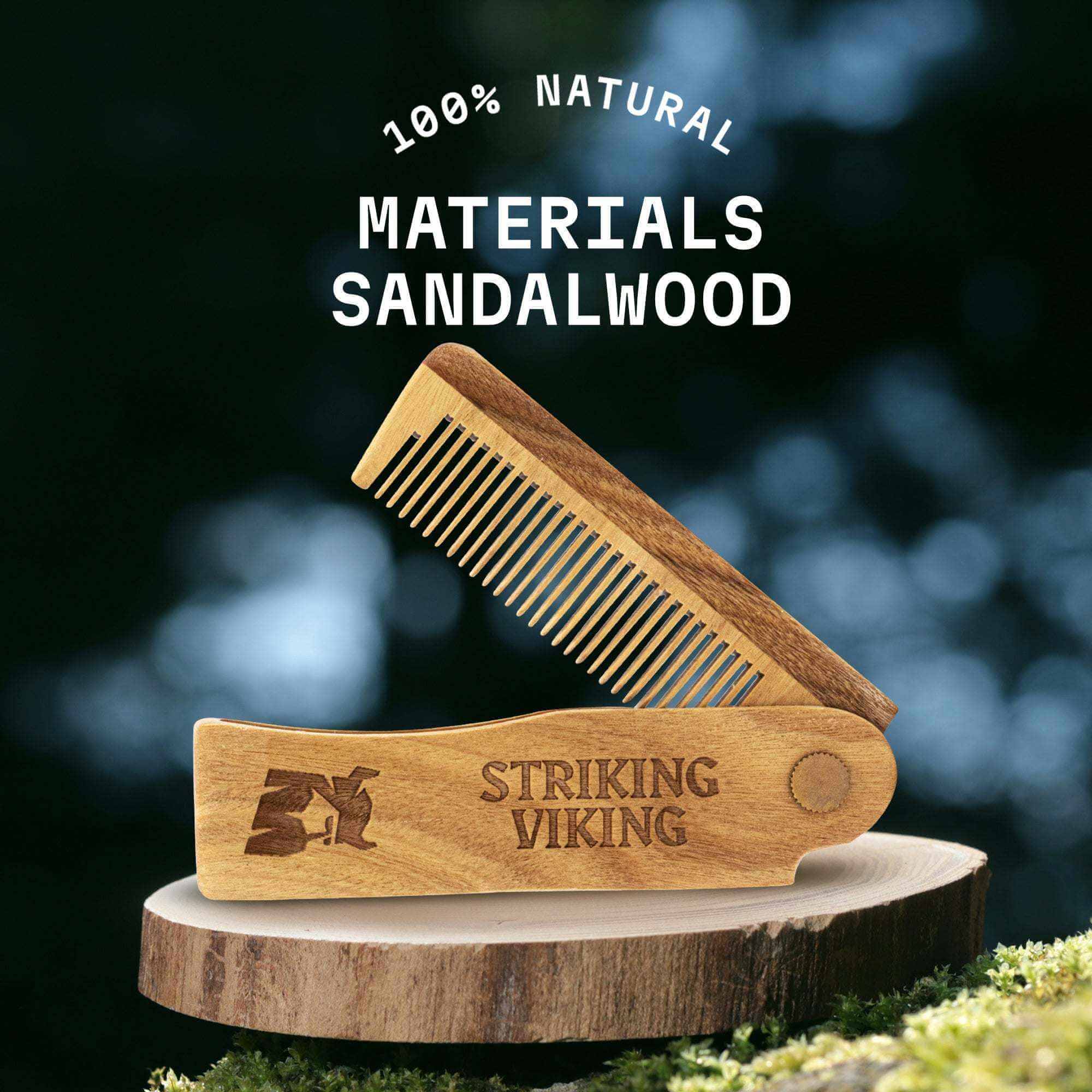 Folding Wooden Comb made from 100% natural sandalwood, Striking Viking brand.