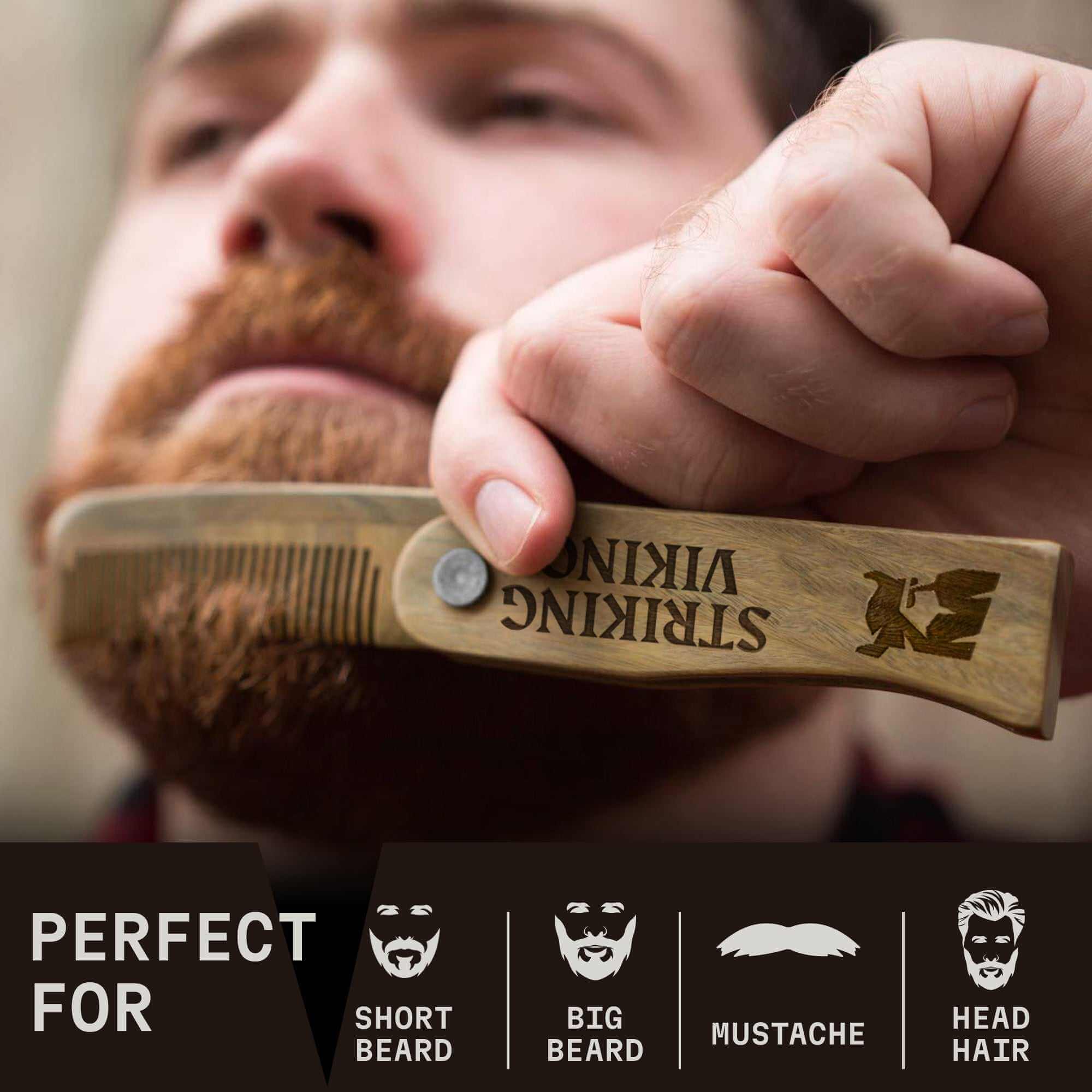 Bearded man using Striking Viking Folding Wooden Comb for grooming.