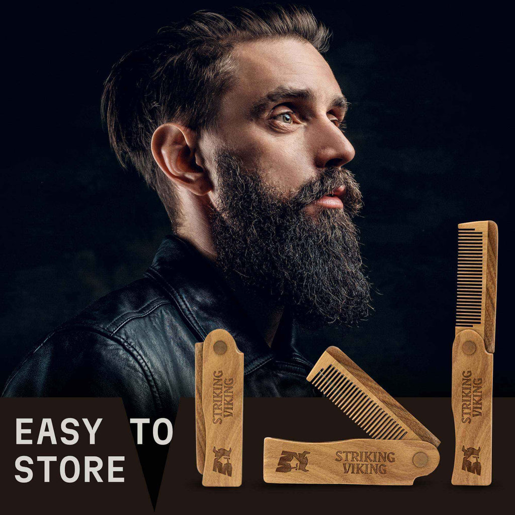 Folding Wooden Comb for men's grooming, handcrafted sandalwood, portable switchblade design, Striking Viking.