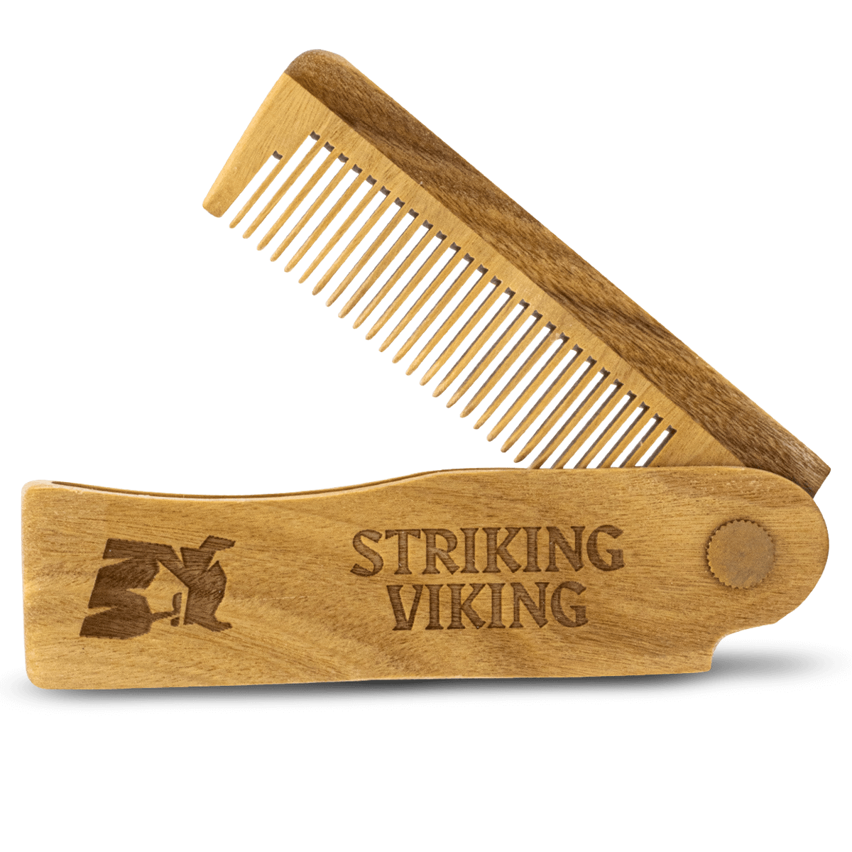 Folding Wooden Comb made from 100% sandalwood, handcrafted, switchblade style, Striking Viking.
