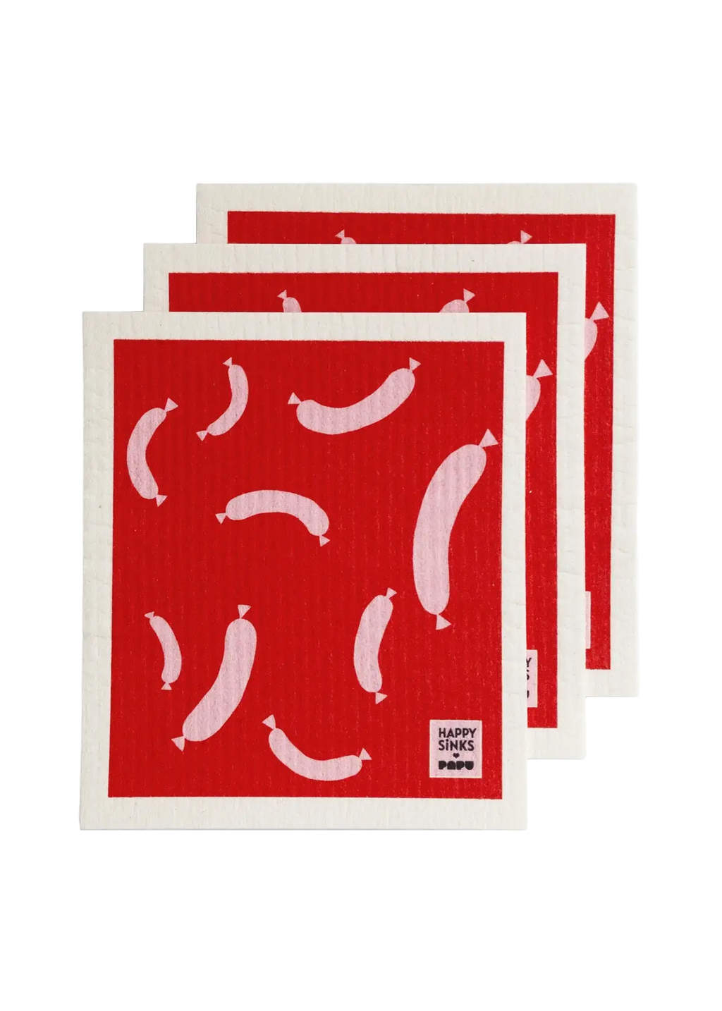 Happy Sinks Organische Katoenen Afwasdoek Set - Papu Worst Rood - 3 stuks