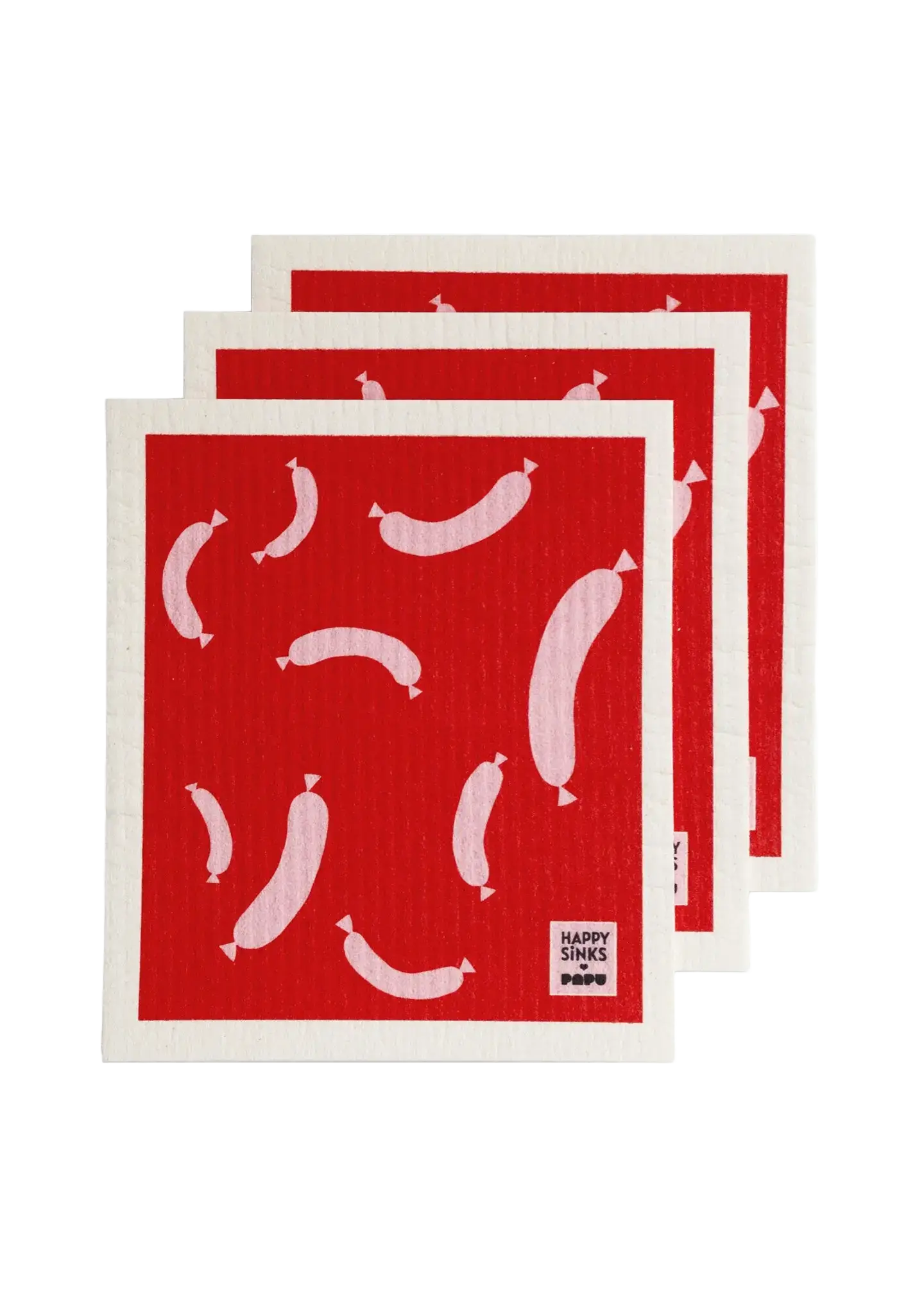 Happy Sinks Organische Katoenen Afwasdoek Set - Papu Worst Rood - 3 stuks