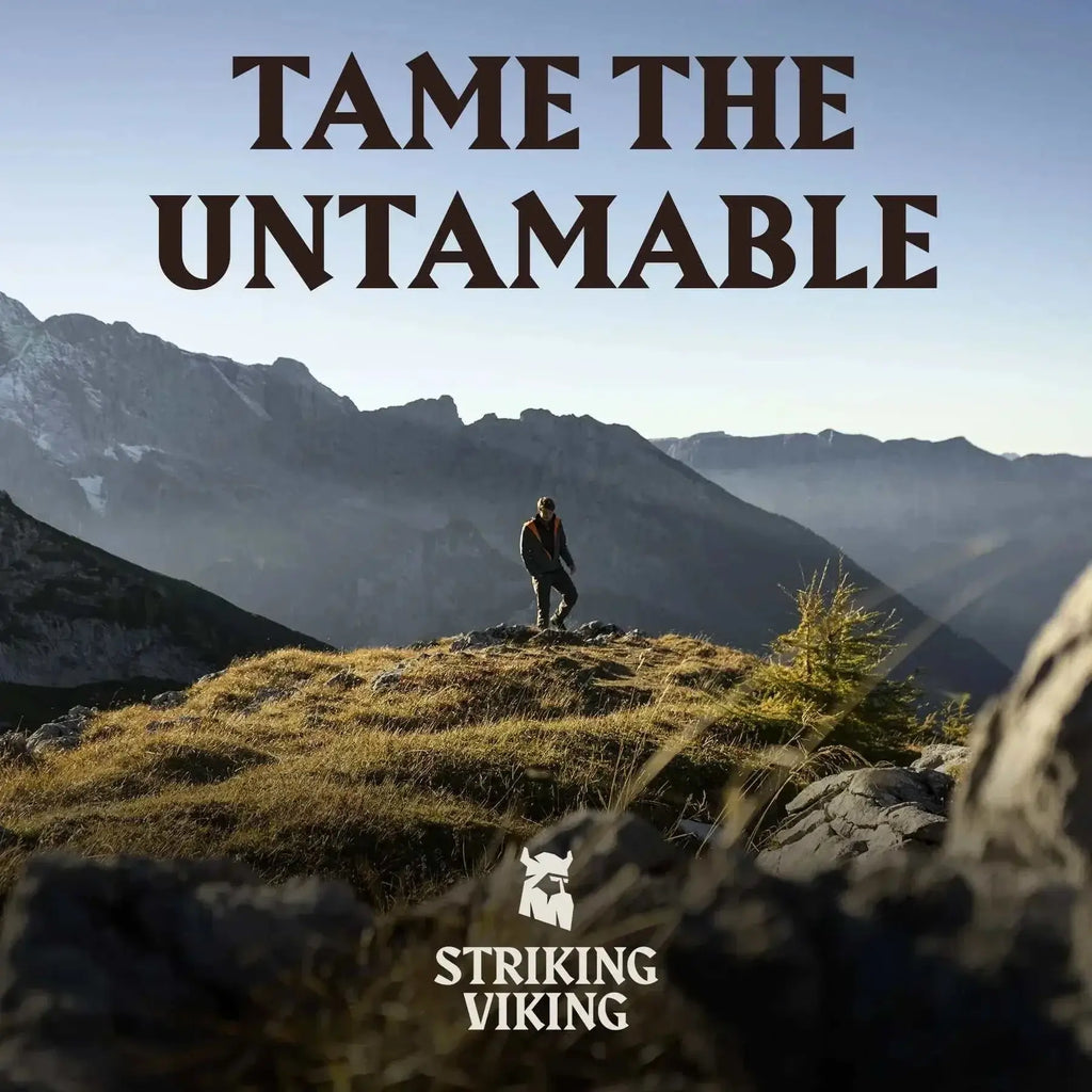 Striking Viking After Shave Balm for Men in a mountain landscape, emphasizing the tagline "Tame the Untamable."