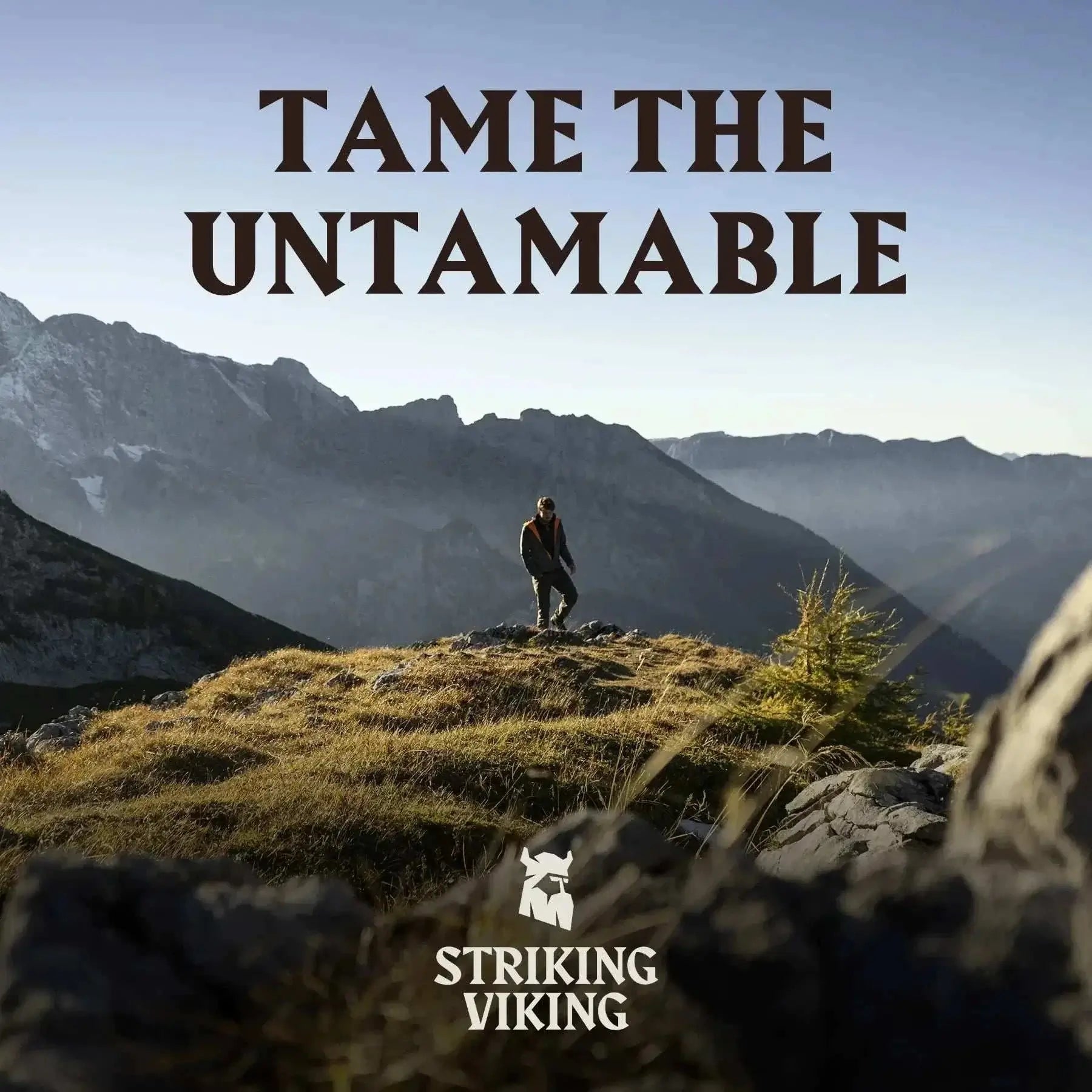 Man standing on a rocky mountain landscape with "Tame the Untamable" text and Striking Viking logo.