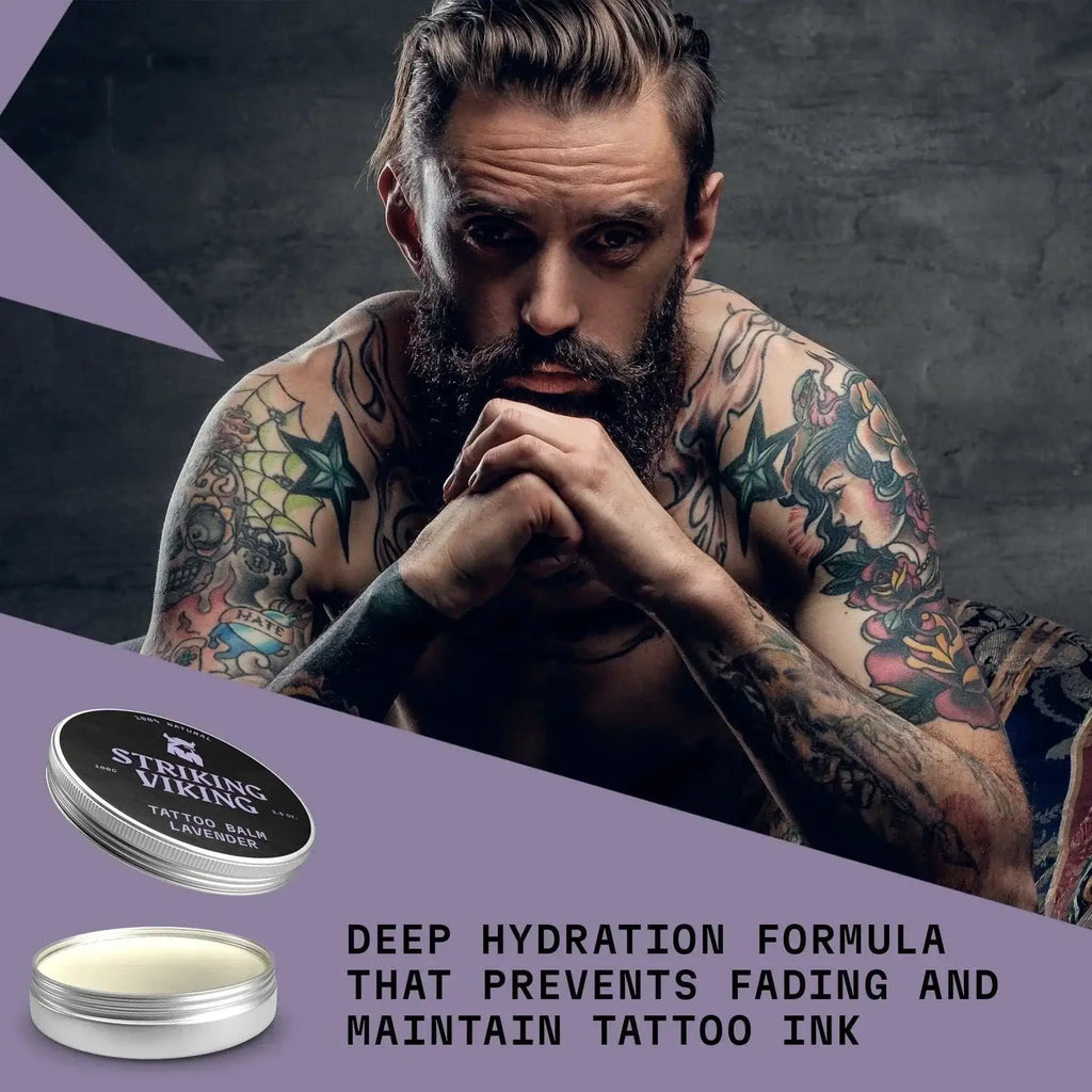 Tattoo Balm Lavender by Striking Viking for hydration and color preservation of tattoos.