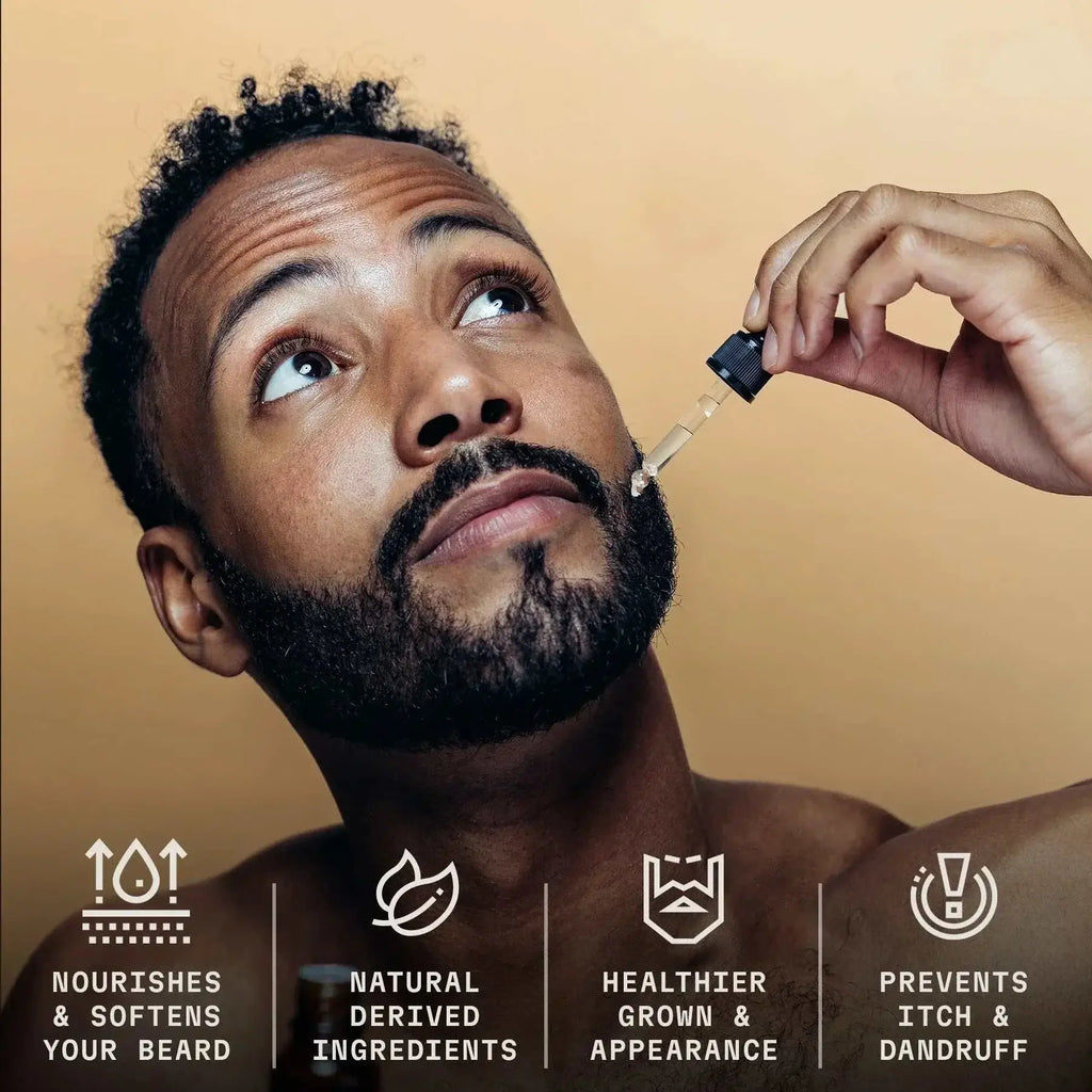 Bearded man applying Cedarwood beard oil with dropper, highlighting natural ingredients and benefits like nourishment, growth, and itch prevention.