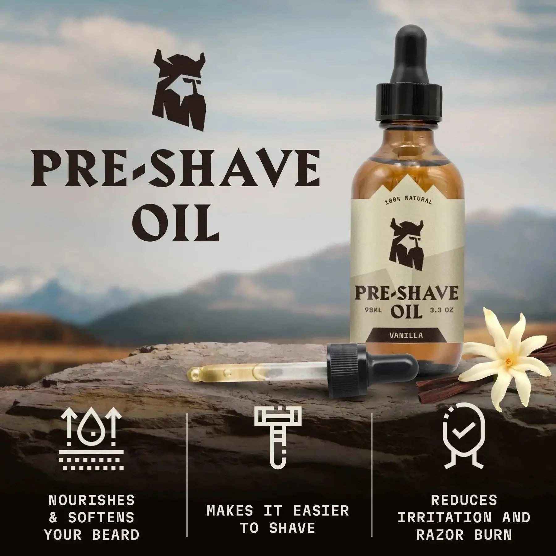 Vanilla-scented pre-shave oil for men by Striking Viking, ensuring an irritation-free shave with moisturizing and protective benefits.
