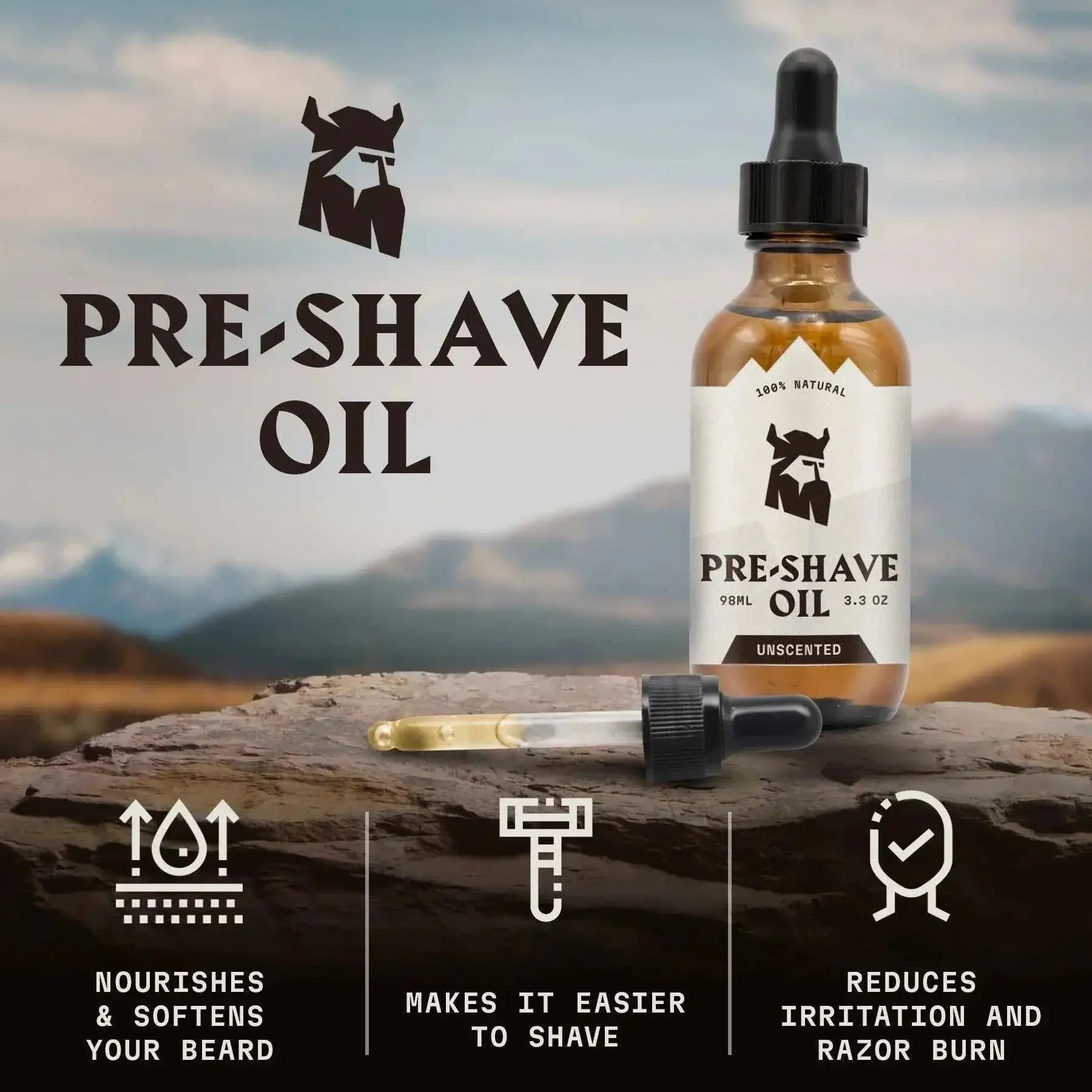 Pre Shave Oil for Men (Unscented) by Striking Viking on a natural background, highlighting its nourishing and protective benefits.