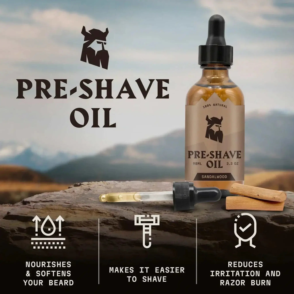 Pre Shave Oil for Men - Sandalwood, enhances shave glide, nourishes skin, professional-grade formula.