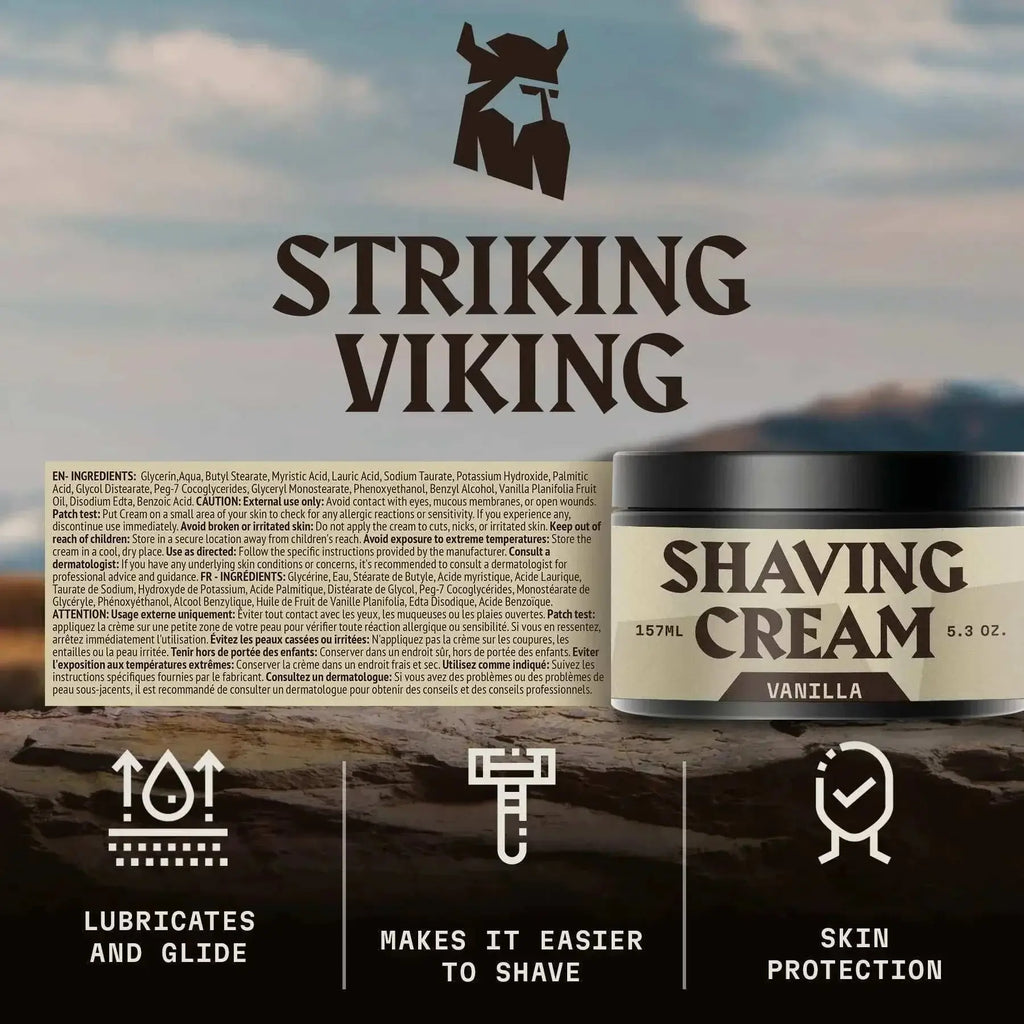 Shaving cream for men by Striking Viking, vanilla scented, 5.3 oz tub, perfect for sensitive skin, rich lather for smooth shave.