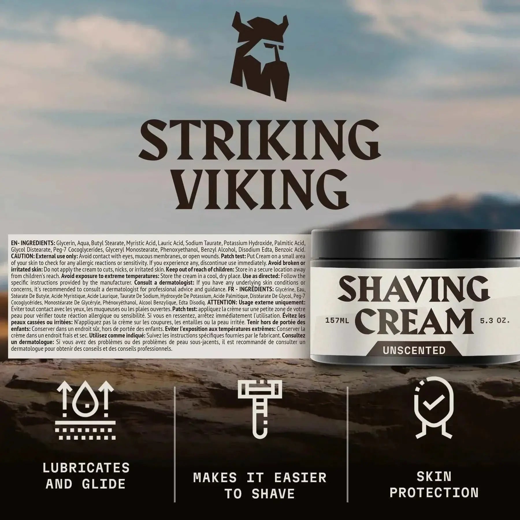 Mens shaving cream, unscented, Striking Viking, 5.3 oz tub, professional-grade, sensitive skin formula, smooth shave, moisturizing and protecting.