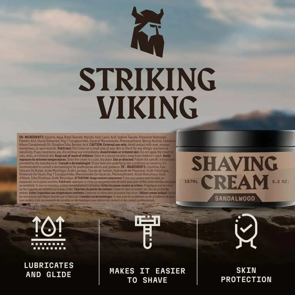 Striking Viking Sandalwood Shaving Cream for Men - Luxurious grooming with soothing formula, rich lather, and captivating aroma in 5.3 oz tub.
