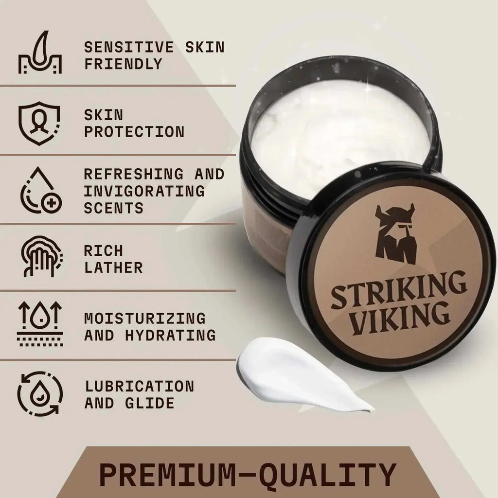 Sandalwood Shaving Cream for Men by Striking Viking, sensitive skin formula, rich lather, premium quality.