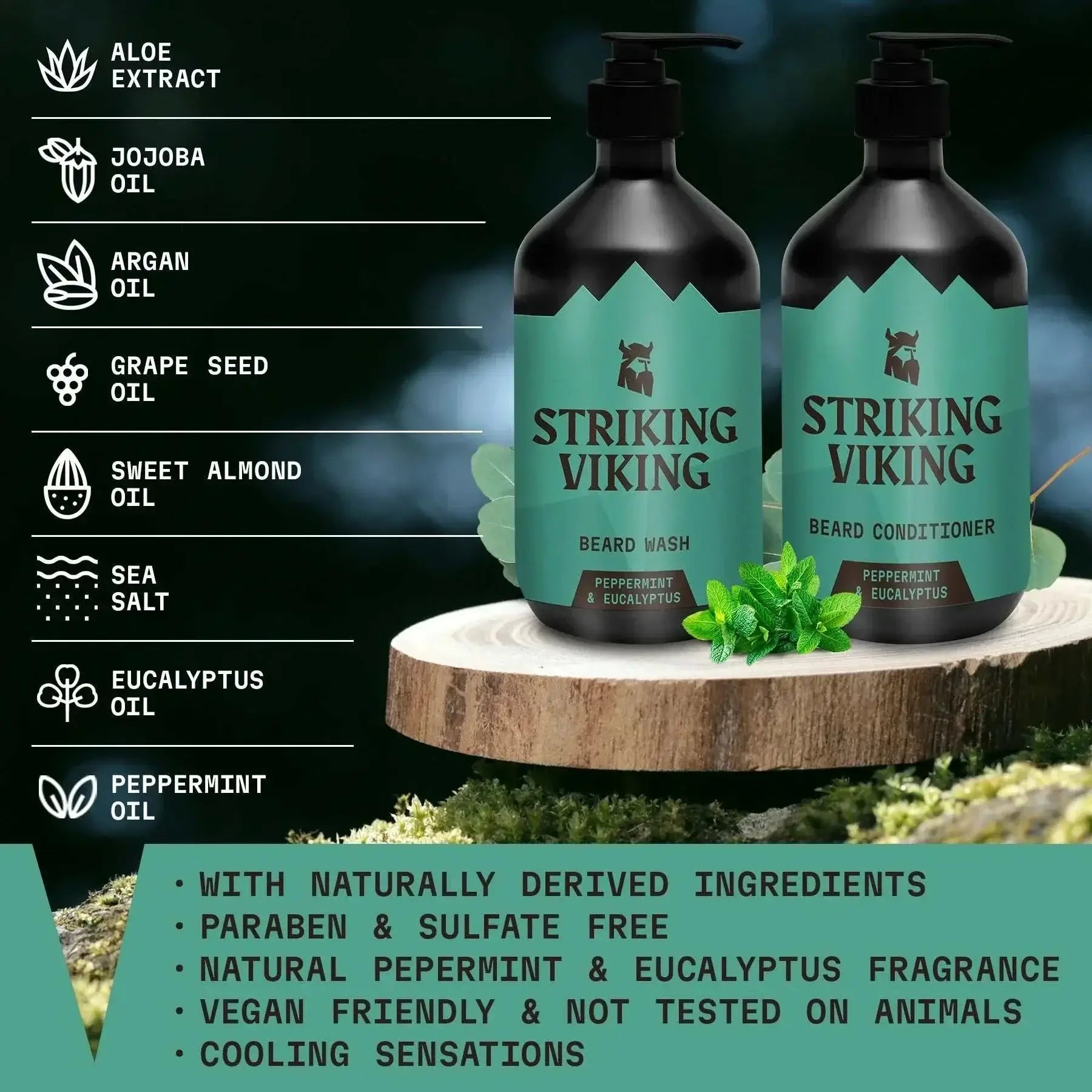 ingrediants of Striking Viking Beard Wash & Conditioner Set (Natural Peppermint & Eucalyptus)