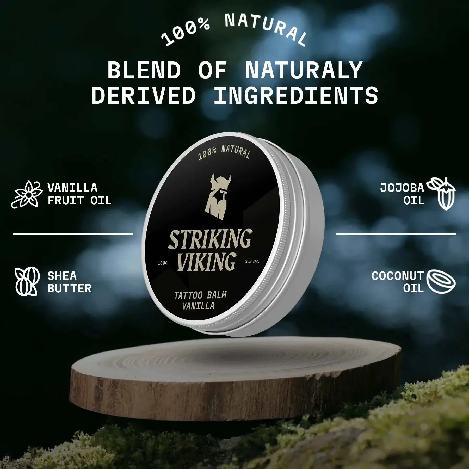 Striking Viking Vanilla Tattoo Balm, 100% natural ingredients, soothing tattoo care.