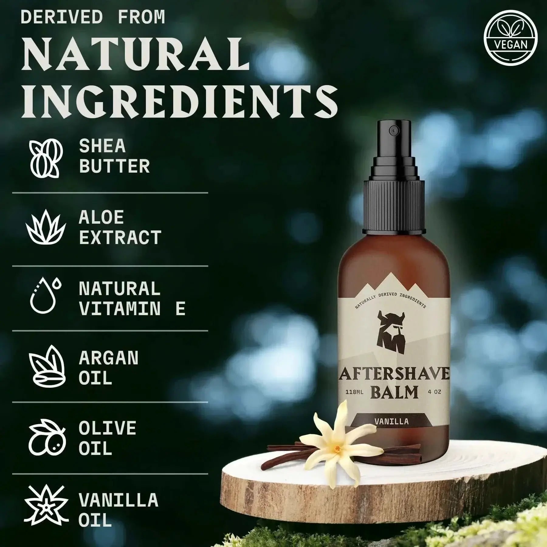 After Shave Balm for Men (Vanilla) - Natural Ingredient List Featuring Shea Butter, Aloe Extract, Argan Oil, Olive Oil, and Vanilla Oil With Vegan Symbol.
