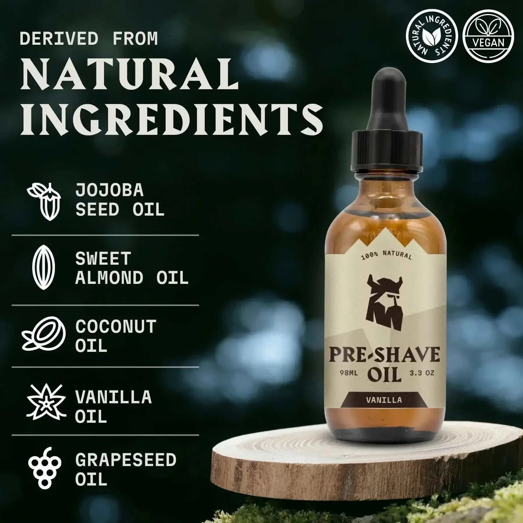 Vanilla Pre Shave Oil by Striking Viking on wooden platform with natural ingredient icons.