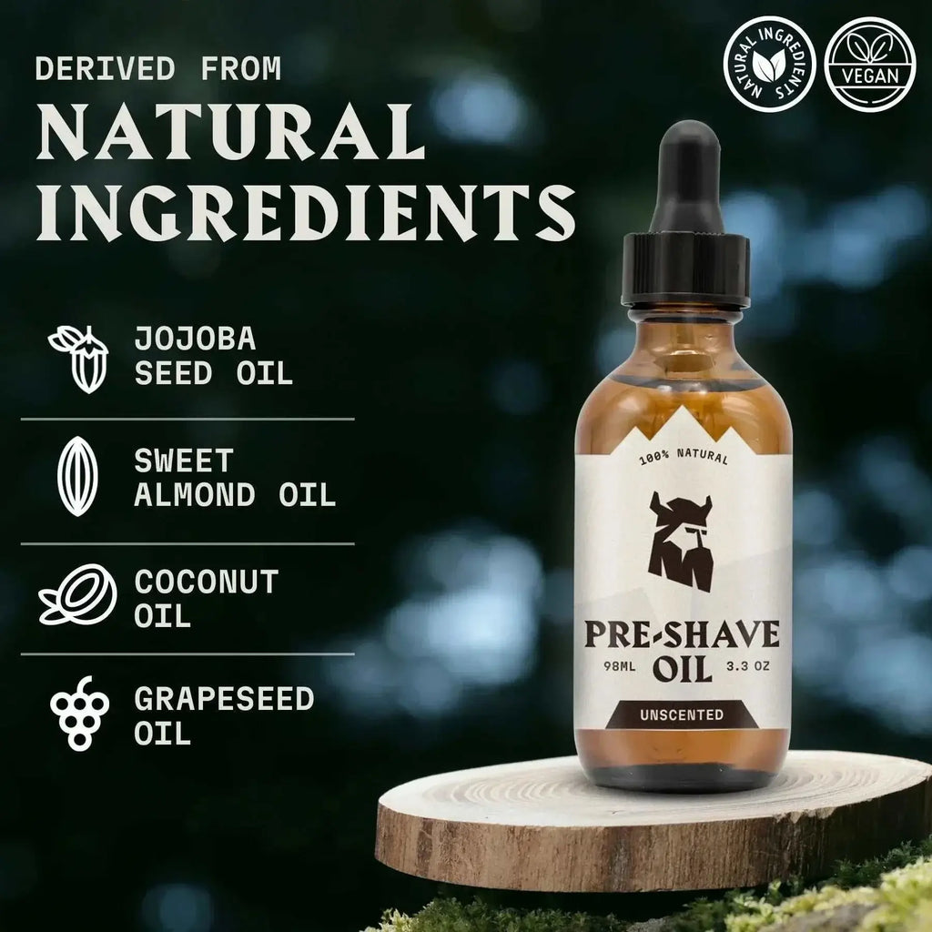 Pre Shave Oil for Men (Unscented) with natural ingredients like jojoba, almond, coconut, and grapeseed oils.